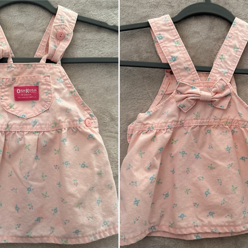 Vintage OshKosh B'gosh Baby Pink Floral‎ Overall Dress Bow 18Months USA Cottage